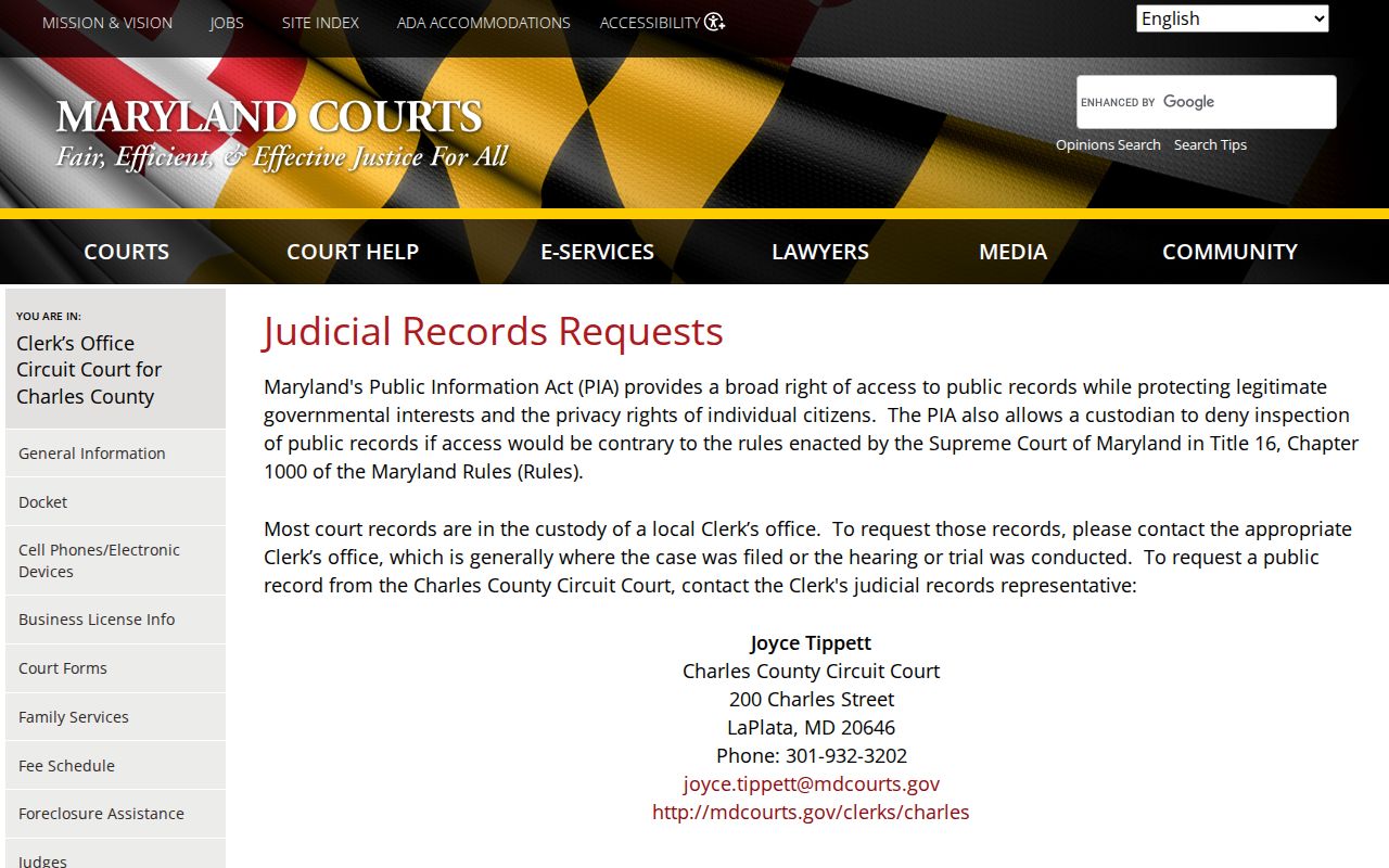 Waldorf public records request contacts for Charles County judicial records
