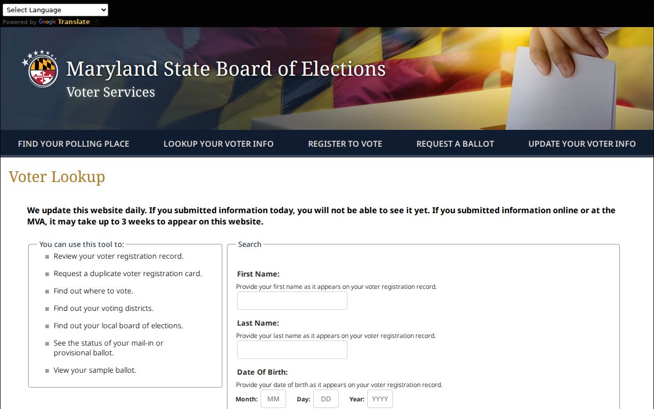 Waldorf voter registration self-lookup fields